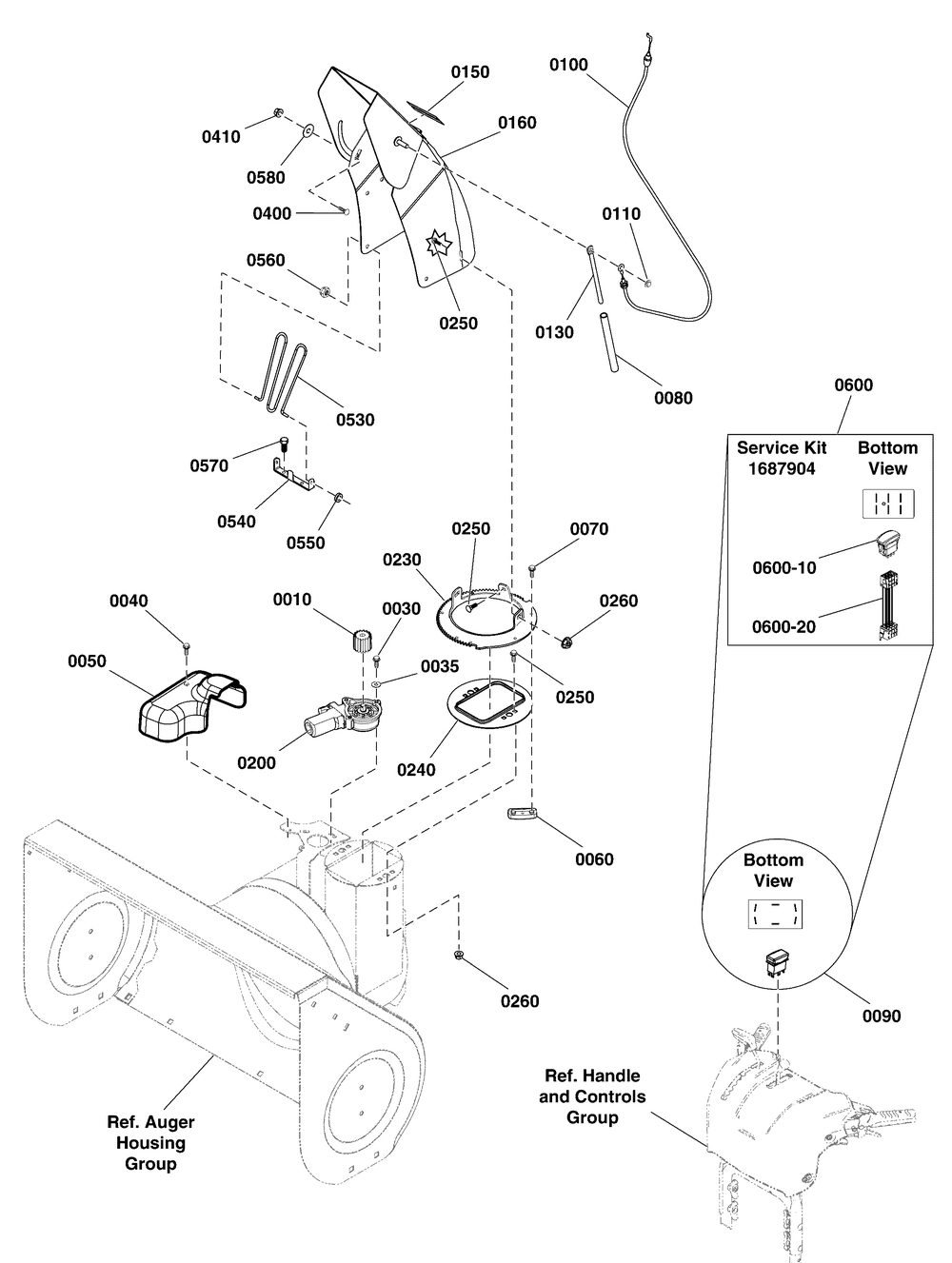 Chute And Rotation Group Diagram and Parts List for 1696254-00-BM924E  Briggs and Stratton Snow Blower